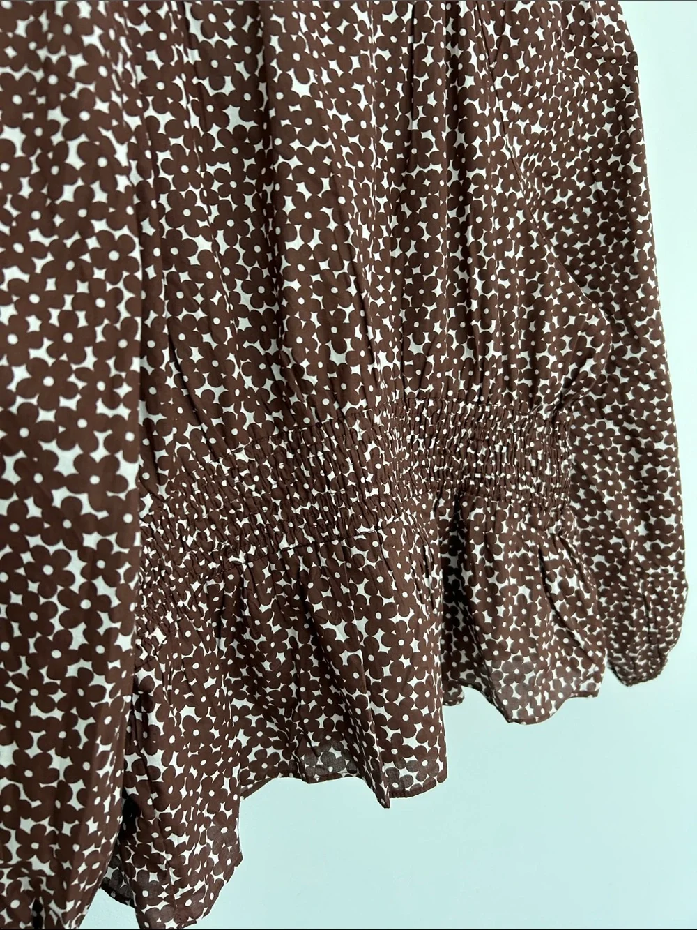 J. Crew Brown and White Printed Smocked Waist Blouse